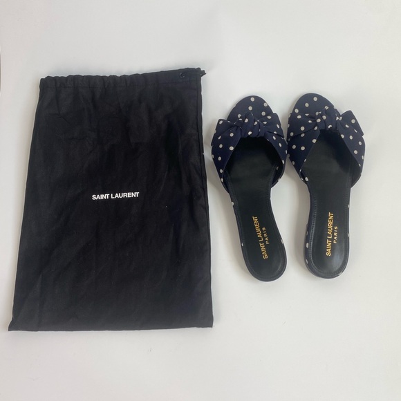 Saint Laurent Bianca Navy Knotted Polka-Dot Slides - Picture 7 of 7